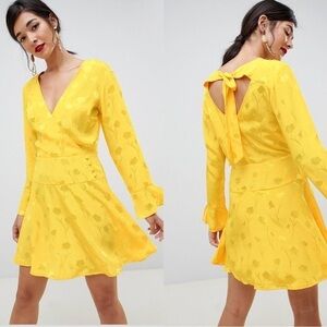 ASOS Floral Jacquard Long Sleeve Wrap Mini Dress Yellow Sz 2